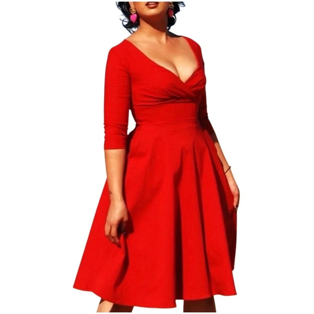 Pinup Couture Monica Dress Womens 2X Red Vintage Inspired‎ Swing Pockets NEW